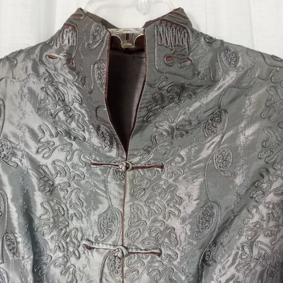 Vintage TANG JACKET Silk Satin Gray Brown Embellished Long Suit Coat Large XL - Picture 5 of 10